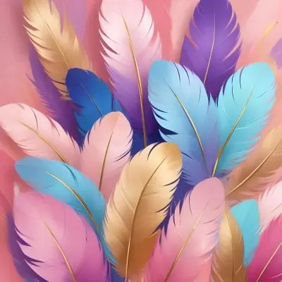 Colorful Feathers In Shades Of Pink Blue And Gold Arranged In A Decorative Pattern 315 D483