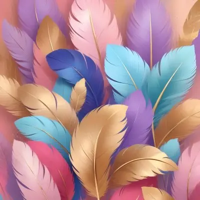 Colorful Feathers In Shades Of Pink Blue And Gold Arranged In A Decorative Pattern 79 2d16