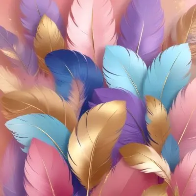 Colorful Feathers In Shades Of Pink Blue And Gold Arranged In A Decorative Pattern 84 B3dc