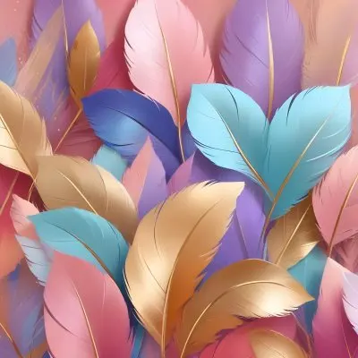 Colorful Feathers In Shades Of Pink Blue And Gold Arranged In A Decorative Pattern 87 0e86