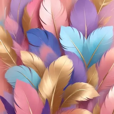 Colorful Feathers In Shades Of Pink Blue And Gold Arranged In A Decorative Pattern 96 F78b