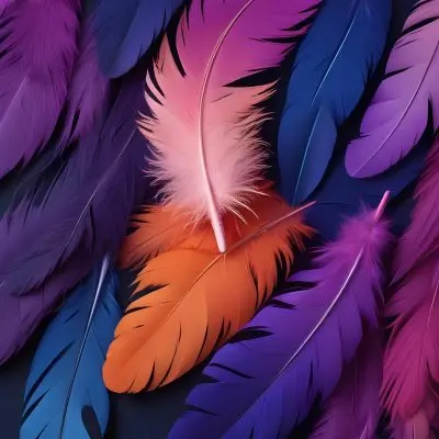 Colorful Feathers In Shades Of Pink Purple Blue And Orange Against A Dark Background 57 E35f