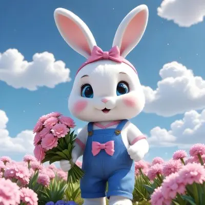 Colorful Flat Illustration Classical Animes A Cute White Bunny Character With Large Ears And A Blue Bow On Its Head Wearing Pink Overalls And Holding A Bouquet Of Flowers The Background Features A Blue Sky With Fluffy 10 E990