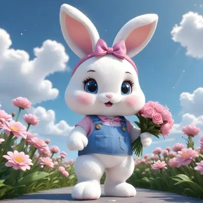 Colorful Flat Illustration Classical Animes A Cute White Bunny Character With Large Ears And A Blue Bow On Its Head Wearing Pink Overalls And Holding A Bouquet Of Flowers The Background Features A Blue Sky With Fluffy 12 7273