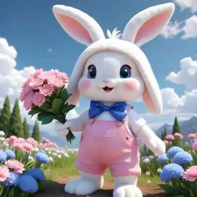 Colorful Flat Illustration Classical Animes A Cute White Bunny Character With Large Ears And A Blue Bow On Its Head Wearing Pink Overalls And Holding A Bouquet Of Flowers The Background Features A Blue Sky With Fluffy 13 67aa