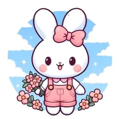 Colorful Flat Illustration Classical Animes A Cute White Bunny Character With Large Ears And A Blue Bow On Its Head Wearing Pink Overalls And Holding A Bouquet Of Flowers The Background Features A Blue Sky With Fluffy 28 1a1c