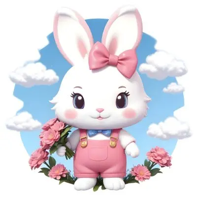 Colorful Flat Illustration Classical Animes A Cute White Bunny Character With Large Ears And A Blue Bow On Its Head Wearing Pink Overalls And Holding A Bouquet Of Flowers The Background Features A Blue Sky With Fluffy 30 24a3
