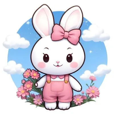 Colorful Flat Illustration Classical Animes A Cute White Bunny Character With Large Ears And A Blue Bow On Its Head Wearing Pink Overalls And Holding A Bouquet Of Flowers The Background Features A Blue Sky With Fluffy 34 F140