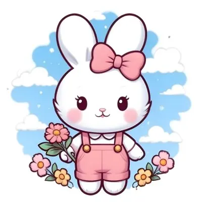Colorful Flat Illustration Classical Animes A Cute White Bunny Character With Large Ears And A Blue Bow On Its Head Wearing Pink Overalls And Holding A Bouquet Of Flowers The Background Features A Blue Sky With Fluffy 38 67a8