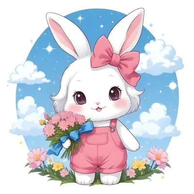 Colorful Flat Illustration Classical Animes A Cute White Bunny Character With Large Ears And A Blue Bow On Its Head Wearing Pink Overalls And Holding A Bouquet Of Flowers The Background Features A Blue Sky With Fluffy 39 A66e