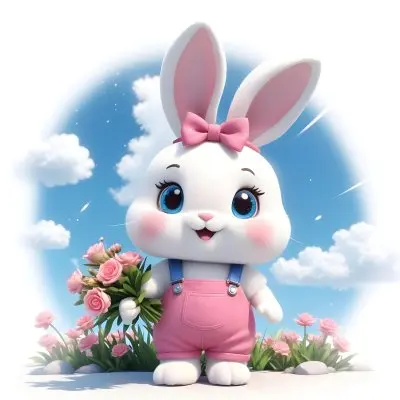 Colorful Flat Illustration Classical Animes A Cute White Bunny Character With Large Ears And A Blue Bow On Its Head Wearing Pink Overalls And Holding A Bouquet Of Flowers The Background Features A Blue Sky With Fluffy 4 5183