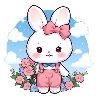 Colorful Flat Illustration Classical Animes A Cute White Bunny Character With Large Ears And A Blue Bow On Its Head Wearing Pink Overalls And Holding A Bouquet Of Flowers The Background Features A Blue Sky With Fluffy 44 B4f3