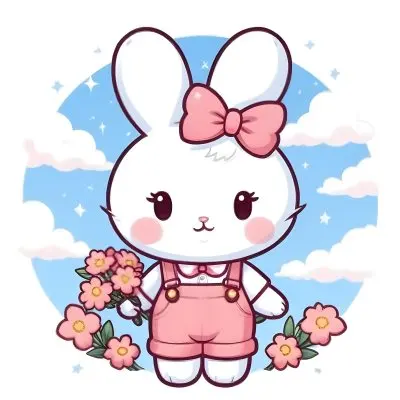 Colorful Flat Illustration Classical Animes A Cute White Bunny Character With Large Ears And A Blue Bow On Its Head Wearing Pink Overalls And Holding A Bouquet Of Flowers The Background Features A Blue Sky With Fluffy 46 0b43