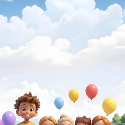 Colorful Flat Illustration Classical Animes A Group Of Six Children With Varying Hair Colors Including Brown Standing Together They Are Smiling And Wearing Colorful Clothing A Woman With Blonde Hair In A Bun Is Als 10 552a