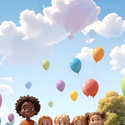 Colorful Flat Illustration Classical Animes A Group Of Six Children With Varying Hair Colors Including Brown Standing Together They Are Smiling And Wearing Colorful Clothing A Woman With Blonde Hair In A Bun Is Als 3 D39b