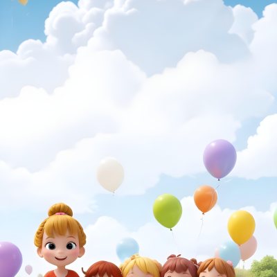 Colorful Flat Illustration Classical Animes A Group Of Six Children With Varying Hair Colors Including Brown Standing Together They Are Smiling And Wearing Colorful Clothing A Woman With Blonde Hair In A Bun Is Als 6 F052