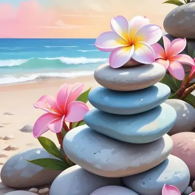 Colorful Stacked Stones With Pink Plumeria Flowers On A Tropical Beach At Sunset With Palm Trees In The Background 1 90e4