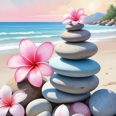 Colorful Stacked Stones With Pink Plumeria Flowers On A Tropical Beach At Sunset With Palm Trees In The Background 10 01d5
