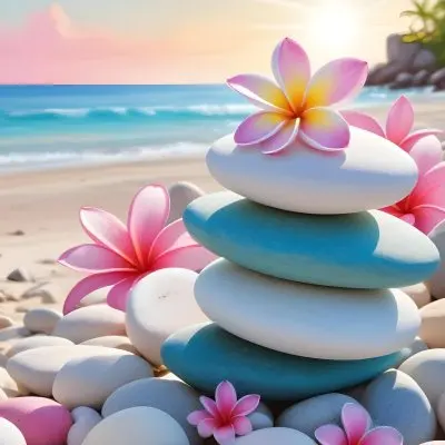 Colorful Stacked Stones With Pink Plumeria Flowers On A Tropical Beach At Sunset With Palm Trees In The Background 11 C9b6