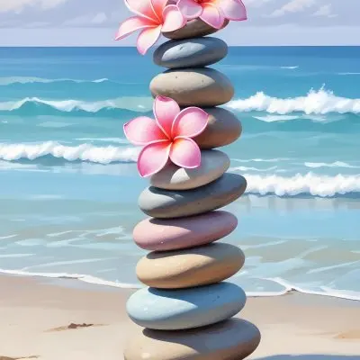 Colorful Stacked Stones With Pink Plumeria Flowers On A Tropical Beach At Sunset With Palm Trees In The Background 12 Eb38