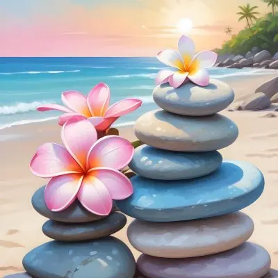 Colorful Stacked Stones With Pink Plumeria Flowers On A Tropical Beach At Sunset With Palm Trees In The Background 13 6ae9