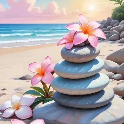 Colorful Stacked Stones With Pink Plumeria Flowers On A Tropical Beach At Sunset With Palm Trees In The Background 15 9957