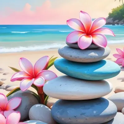 Colorful Stacked Stones With Pink Plumeria Flowers On A Tropical Beach At Sunset With Palm Trees In The Background 16 D1ff