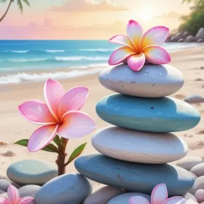 Colorful Stacked Stones With Pink Plumeria Flowers On A Tropical Beach At Sunset With Palm Trees In The Background 3 534f