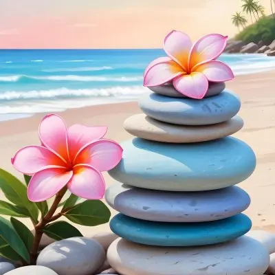 Colorful Stacked Stones With Pink Plumeria Flowers On A Tropical Beach At Sunset With Palm Trees In The Background 5 F9e4
