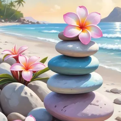 Colorful Stacked Stones With Pink Plumeria Flowers On A Tropical Beach At Sunset With Palm Trees In The Background 6 Ba89