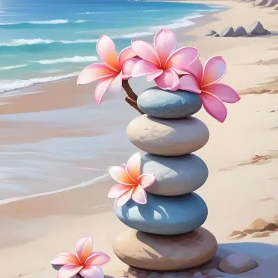 Colorful Stacked Stones With Pink Plumeria Flowers On A Tropical Beach At Sunset With Palm Trees In The Background 8 C453