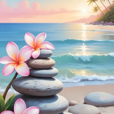 Colorful Stacked Stones With Pink Plumeria Flowers On A Tropical Beach At Sunset With Palm Trees In The Background 9 Ee75