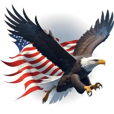 Digital Painting A Bald Eagle With Its Wings Spread Soaring Against A Background Of The American Flag The Eagle Has A Fierce Expression And Its Feathers Are Detailed With Stars And Stripes Representing The Patrio 18 B513