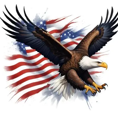 Digital Painting A Bald Eagle With Its Wings Spread Soaring Against A Background Of The American Flag The Eagle Has A Fierce Expression And Its Feathers Are Detailed With Stars And Stripes Representing The Patrio 28 Edaa