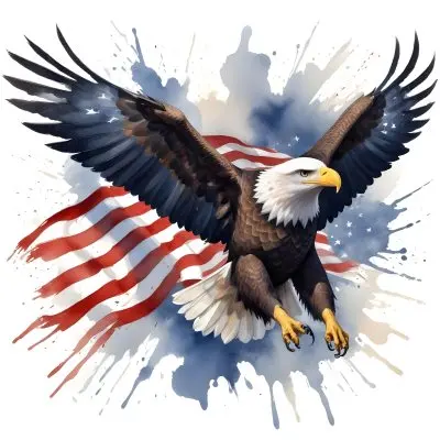 Digital Painting A Bald Eagle With Its Wings Spread Soaring Against A Background Of The American Flag The Eagle Has A Fierce Expression And Its Feathers Are Detailed With Stars And Stripes Representing The Patrio 4 Ae9d