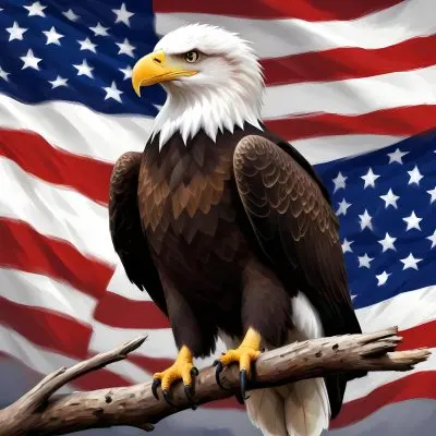 Digital Painting A Bald Eagle With White Head And Tail Feathers Perched On A Branch And Surrounded By An American Flag The Eagle Has A Fierce Expression And Is Depicted In A Patriotic Symbolic Style Bold And Slim 10 0454