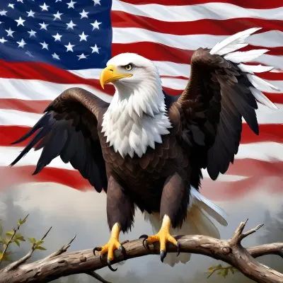 Digital Painting A Bald Eagle With White Head And Tail Feathers Perched On A Branch And Surrounded By An American Flag The Eagle Has A Fierce Expression And Is Depicted In A Patriotic Symbolic Style Bold And Slim 11 2090