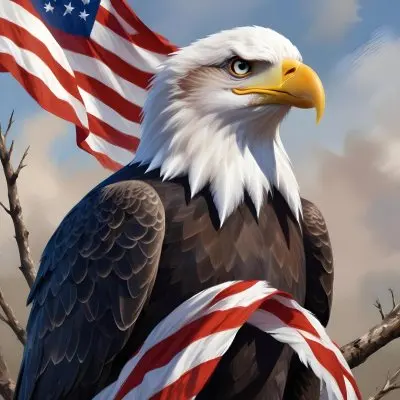Digital Painting A Bald Eagle With White Head And Tail Feathers Perched On A Branch And Surrounded By An American Flag The Eagle Has A Fierce Expression And Is Depicted In A Patriotic Symbolic Style Bold And Slim 13 C57f