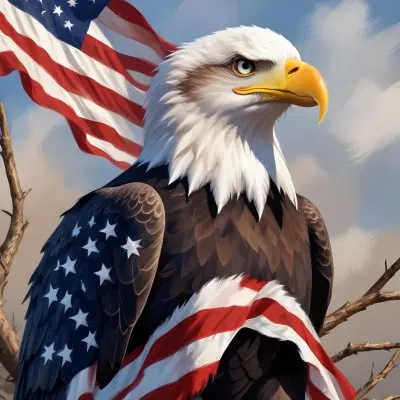 Digital Painting A Bald Eagle With White Head And Tail Feathers Perched On A Branch And Surrounded By An American Flag The Eagle Has A Fierce Expression And Is Depicted In A Patriotic Symbolic Style Bold And Slim 15 9f20