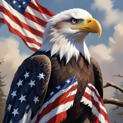Digital Painting A Bald Eagle With White Head And Tail Feathers Perched On A Branch And Surrounded By An American Flag The Eagle Has A Fierce Expression And Is Depicted In A Patriotic Symbolic Style Bold And Slim 18 Cfa9