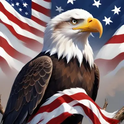 Digital Painting A Bald Eagle With White Head And Tail Feathers Perched On A Branch And Surrounded By An American Flag The Eagle Has A Fierce Expression And Is Depicted In A Patriotic Symbolic Style Bold And Slim 3 4693