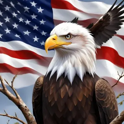 Digital Painting A Bald Eagle With White Head And Tail Feathers Perched On A Branch And Surrounded By An American Flag The Eagle Has A Fierce Expression And Is Depicted In A Patriotic Symbolic Style Bold And Slim 4 Ebcc