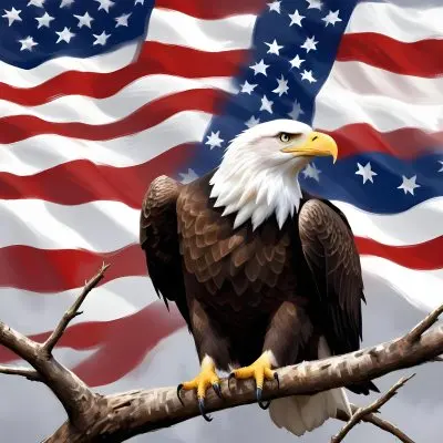 Digital Painting A Bald Eagle With White Head And Tail Feathers Perched On A Branch And Surrounded By An American Flag The Eagle Has A Fierce Expression And Is Depicted In A Patriotic Symbolic Style Bold And Slim 7 A307
