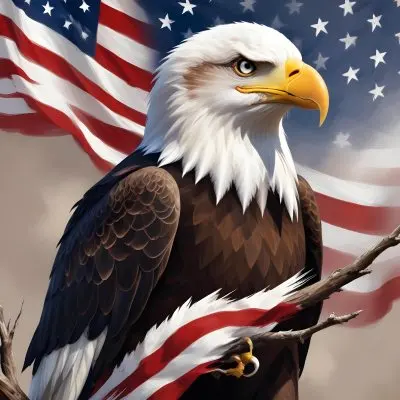 Digital Painting A Bald Eagle With White Head And Tail Feathers Perched On A Branch And Surrounded By An American Flag The Eagle Has A Fierce Expression And Is Depicted In A Patriotic Symbolic Style Bold And Slim 9 F845
