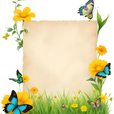 Digital Painting A Blank Parchment Paper Surrounded By Yellow Flowers Green Grass And Colorful Butterflies On A Colorful Background Creating A Vibrant And Natural Frame Bold And Slim Lines Brush Strokes 1 E58c