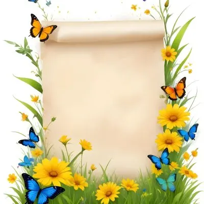 Digital Painting A Blank Parchment Paper Surrounded By Yellow Flowers Green Grass And Colorful Butterflies On A Colorful Background Creating A Vibrant And Natural Frame Bold And Slim Lines Brush Strokes 10 B3b1