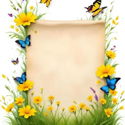 Digital Painting A Blank Parchment Paper Surrounded By Yellow Flowers Green Grass And Colorful Butterflies On A Colorful Background Creating A Vibrant And Natural Frame Bold And Slim Lines Brush Strokes 12 62a9