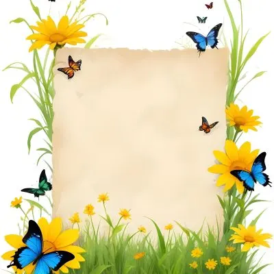 Digital Painting A Blank Parchment Paper Surrounded By Yellow Flowers Green Grass And Colorful Butterflies On A Colorful Background Creating A Vibrant And Natural Frame Bold And Slim Lines Brush Strokes 15 E728