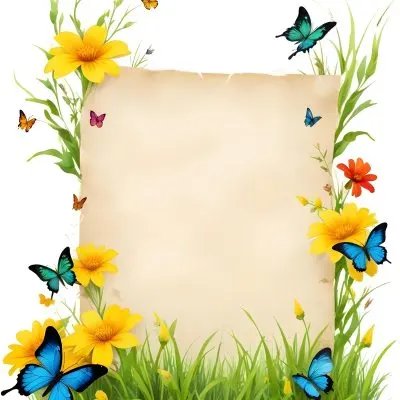 Digital Painting A Blank Parchment Paper Surrounded By Yellow Flowers Green Grass And Colorful Butterflies On A Colorful Background Creating A Vibrant And Natural Frame Bold And Slim Lines Brush Strokes 16 Ead7