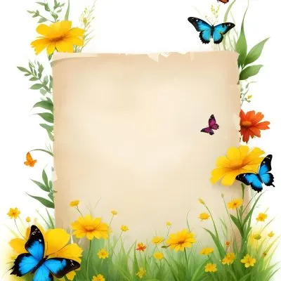 Digital Painting A Blank Parchment Paper Surrounded By Yellow Flowers Green Grass And Colorful Butterflies On A Colorful Background Creating A Vibrant And Natural Frame Bold And Slim Lines Brush Strokes 18 57c0